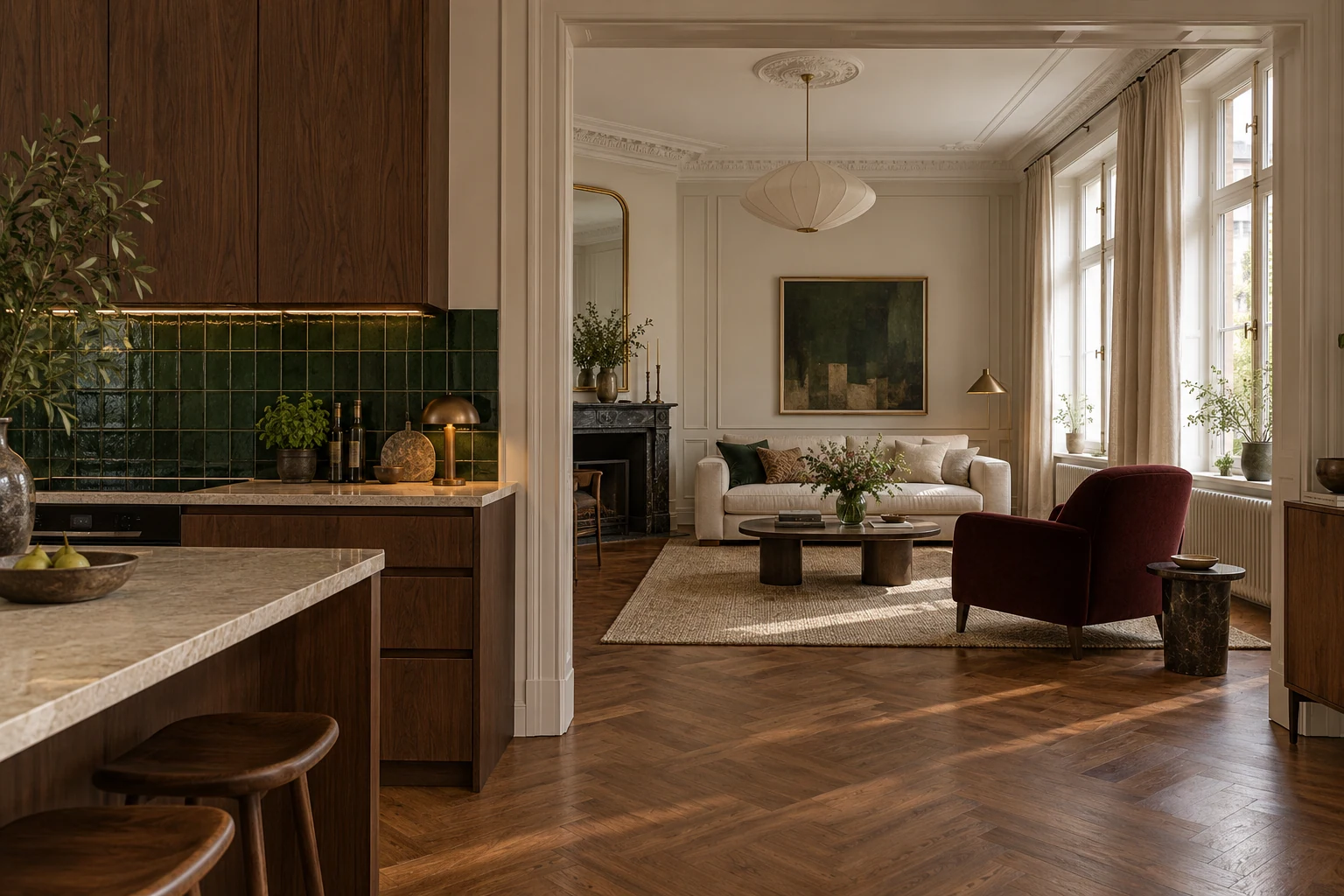 Apartment kitchen and living room with timber, green surfaces and herringbone flooring — Interiors