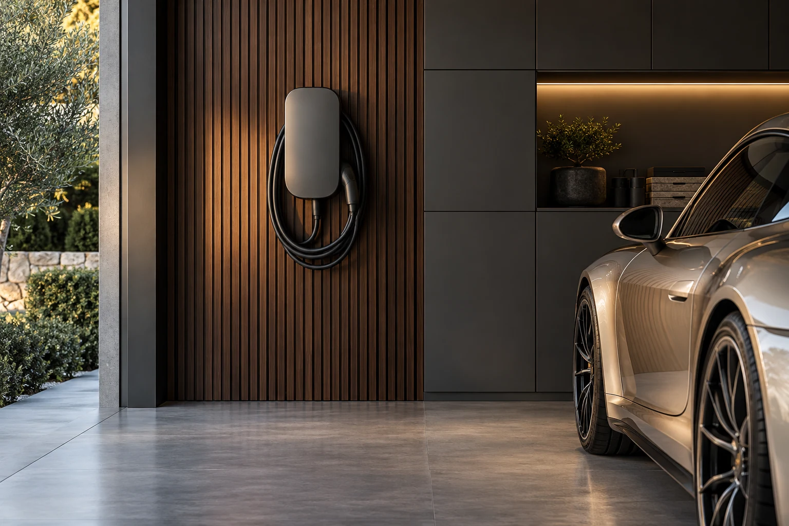 Integrated wall charger beside timber slats and graphite storage — Architecture and materials