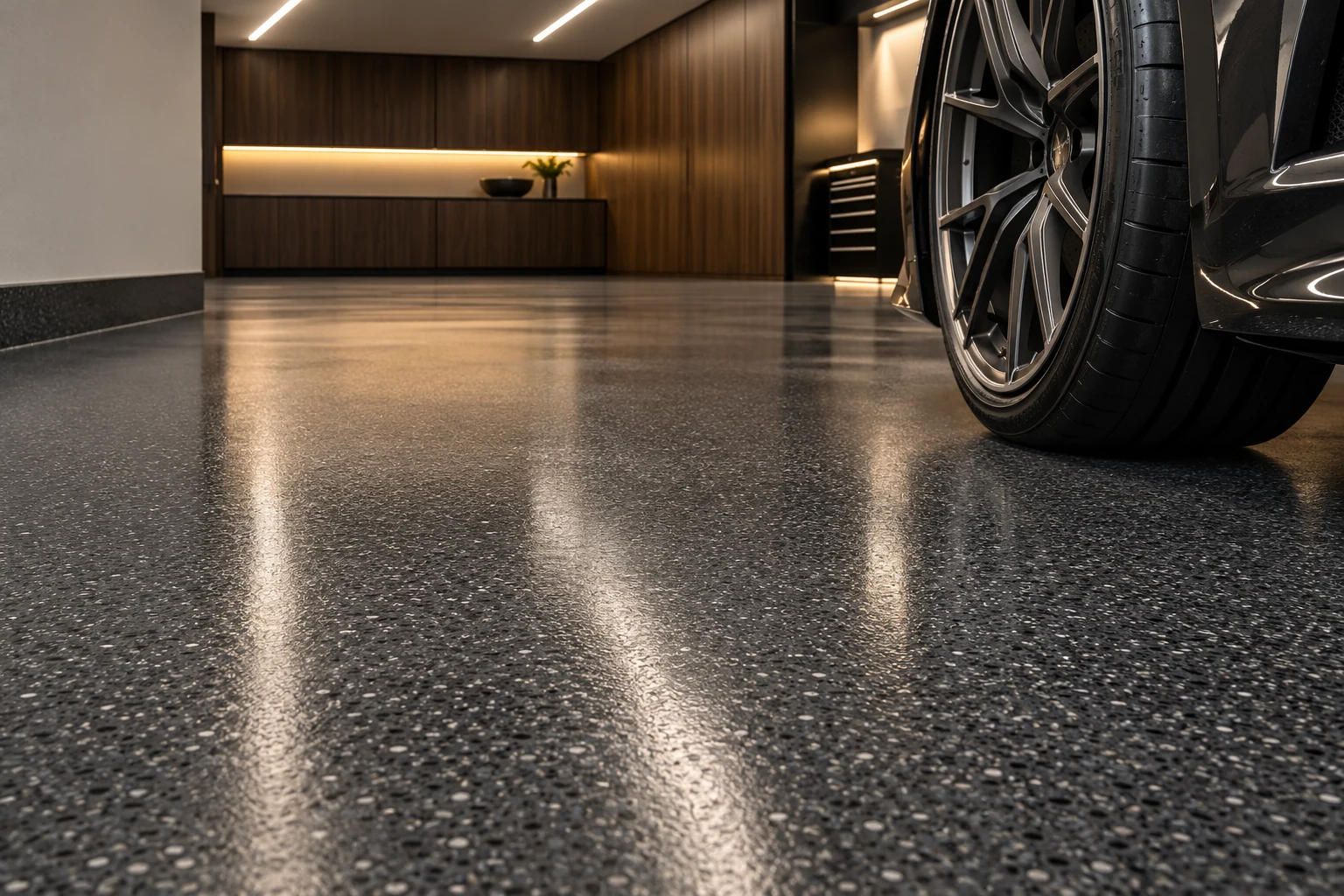 Fine-flake floor detail with wheel and architectural light reflections — Architecture and materials