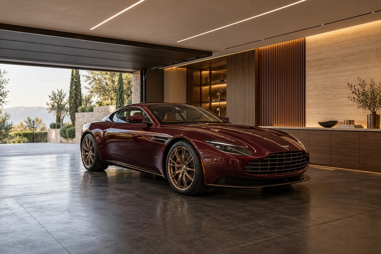 Italian-inspired gallery with burgundy grand tourer and walnut cabinetry — Architecture and materials