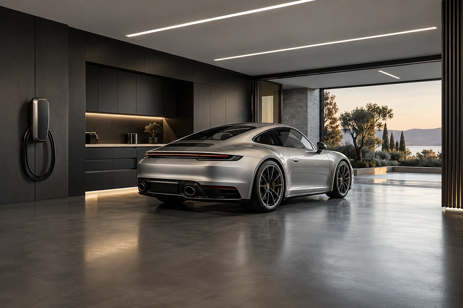 Graphite contemporary garage with silver sports car and wall charger — Architecture and materials