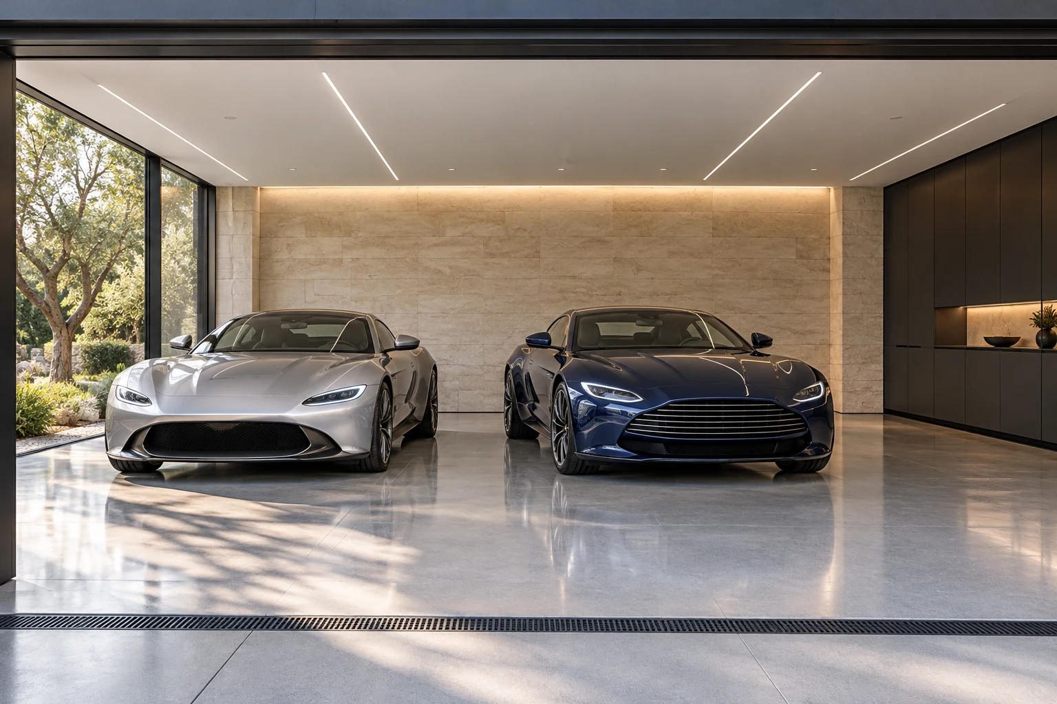Light architectural garage with two cars, stone and linear lighting — Architecture and materials