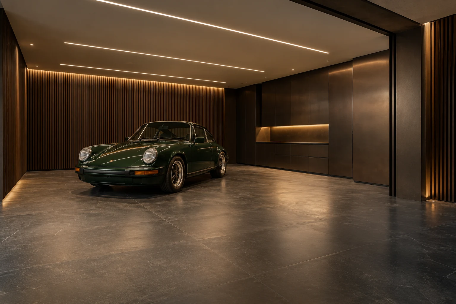 Collector garage with green sports car, dark timber and warm lighting — Architecture and materials