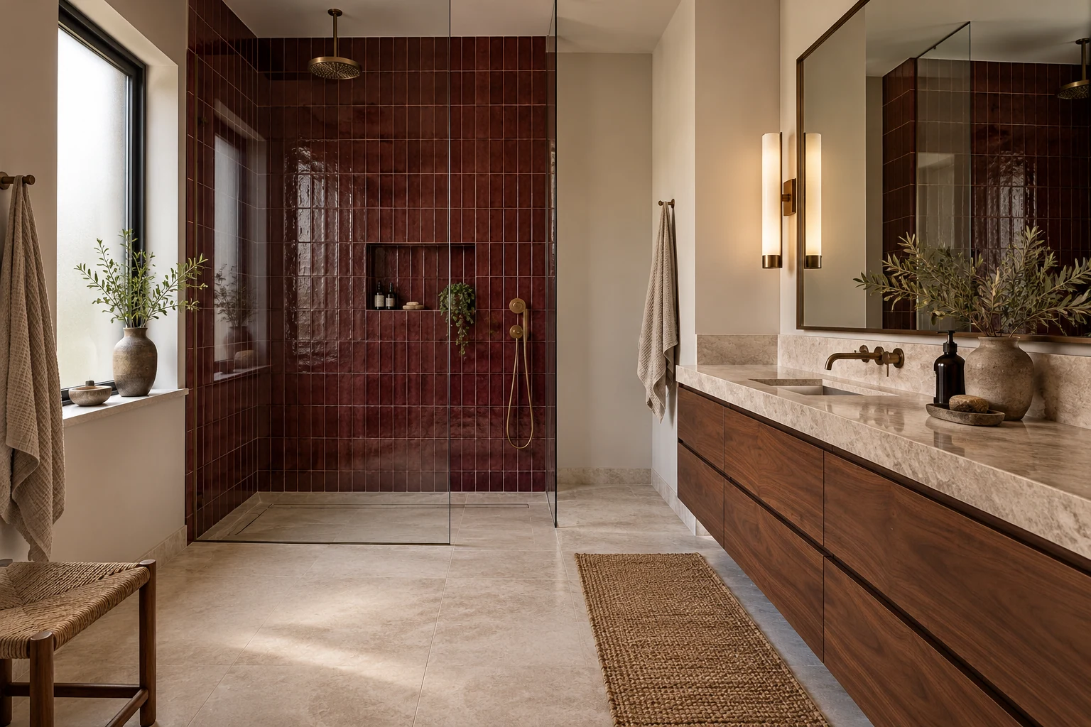 Bathroom with burgundy shower, walnut vanity and stone countertop — Architecture and materials