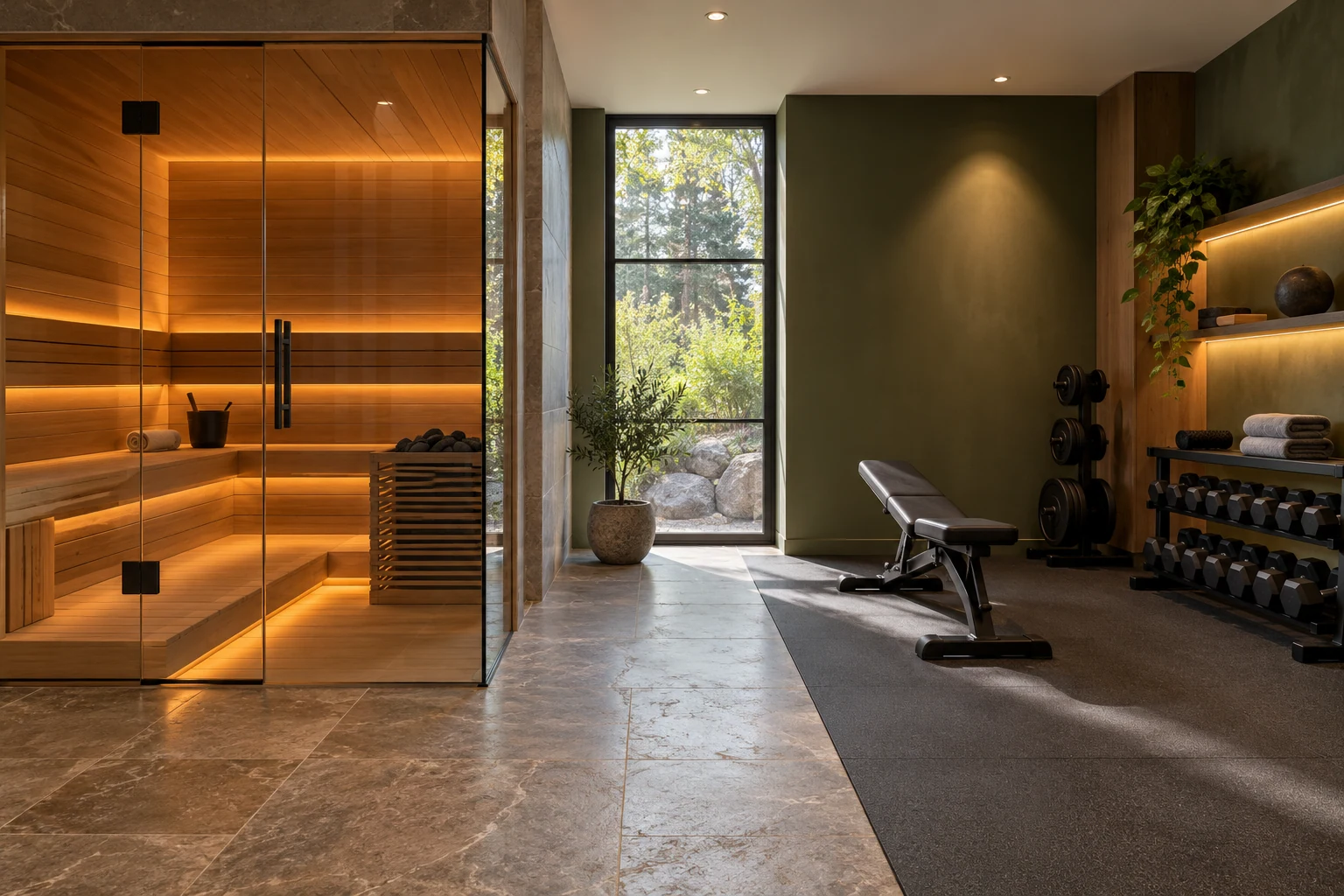 Wellness room with timber sauna and private gym — Architecture and materials