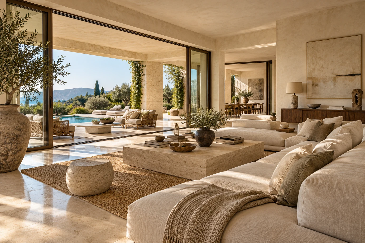 Villa living room with natural stone, linen sofas and an open connection to the terrace — Architecture and materials