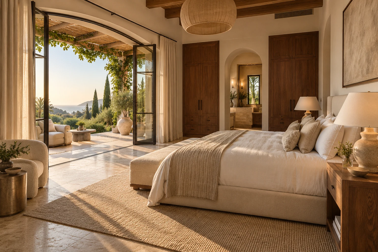 Principal suite with walnut joinery, linen and a private terrace — Architecture and materials