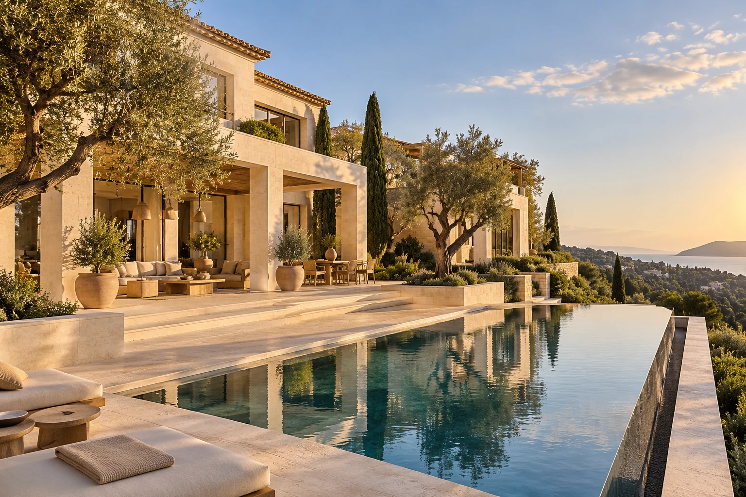 Villa mediterránea con logia de piedra, piscina y jardín privado — Arquitectura y materiales