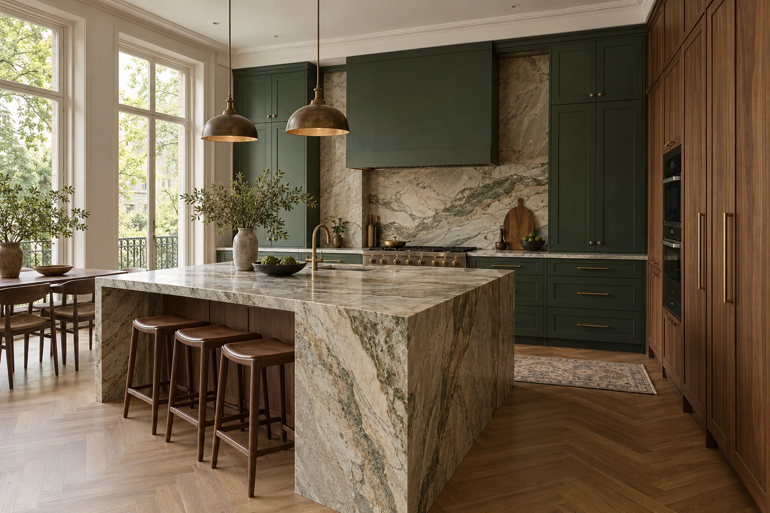 Kitchen with green cabinets, stone island and walnut joinery — Architecture and materials