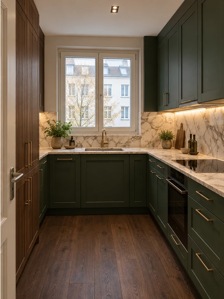 Compact kitchen with green cabinets, stone and task lighting — Interiors