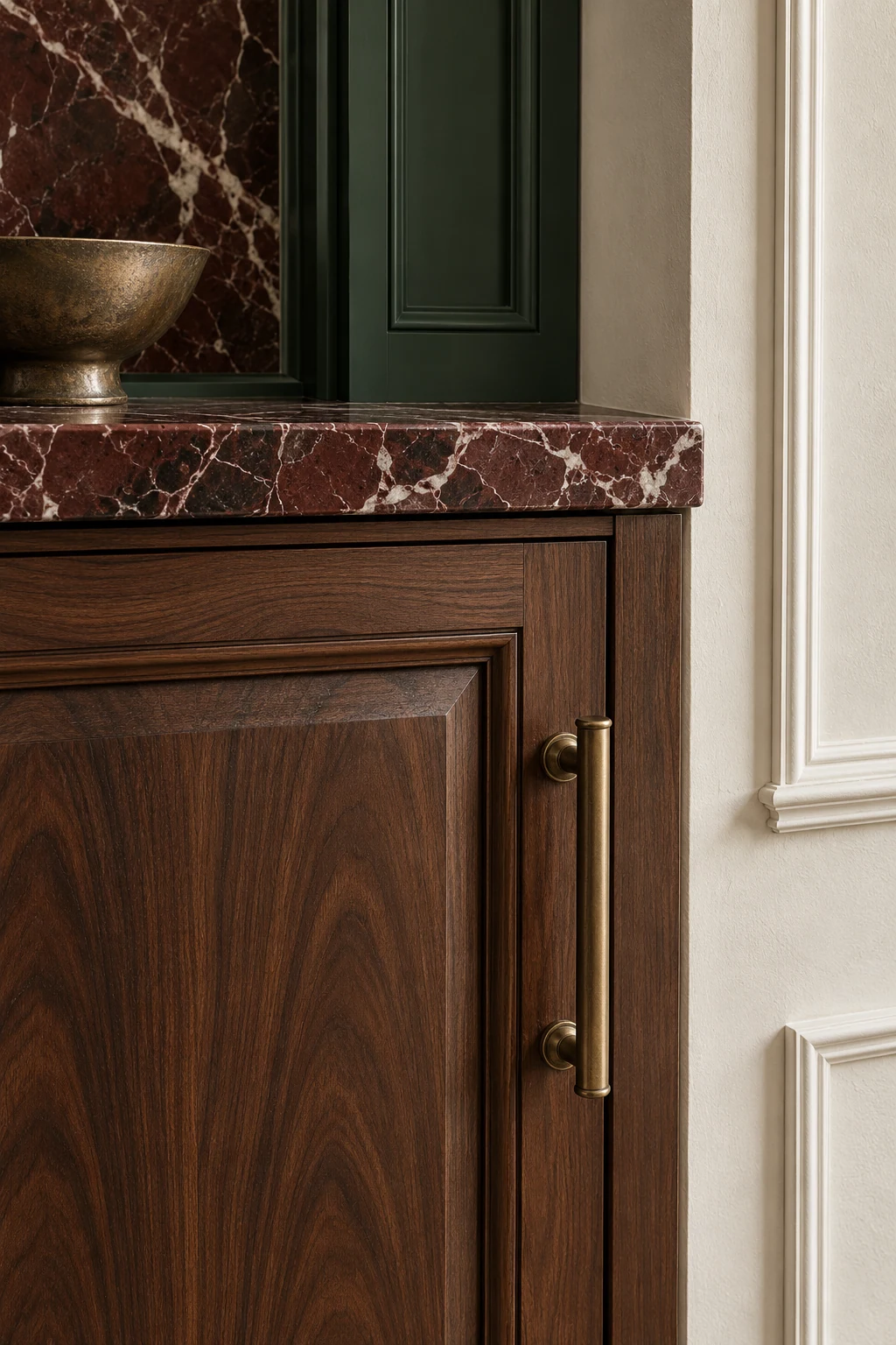 Detail of dark timber joinery, expressive stone and a bronze handle — Architecture and materials