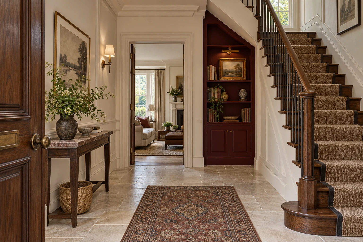 Entrada e escada de moradia com pavimento de pedra e carpintaria escura — Interiores