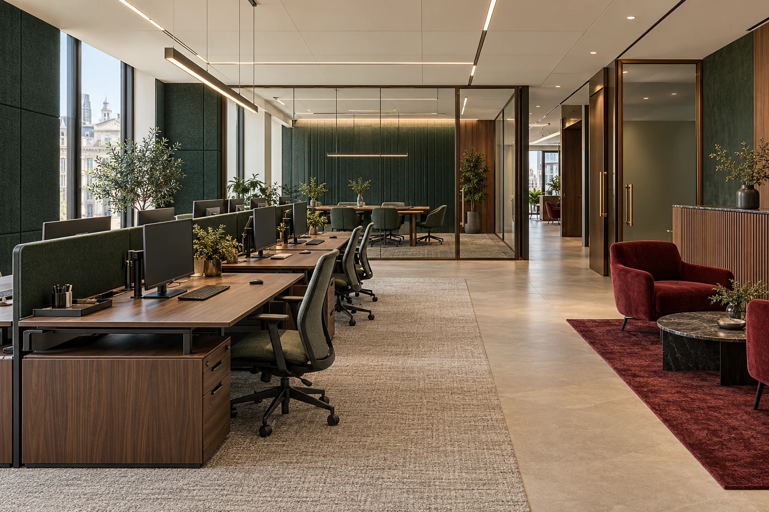 Puestos de oficina, paneles acústicos verdes y sala de reuniones acristalada — Interiores