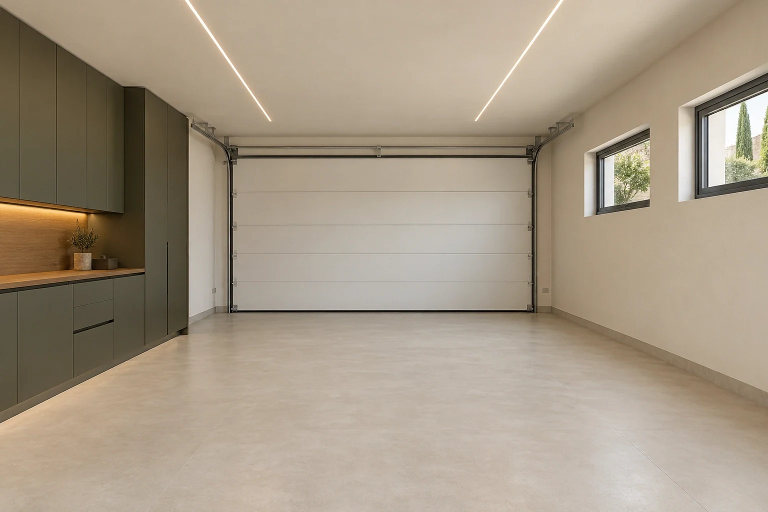 Estudio de garaje de dos plazas con acabados minerales claros, armarios verdes y luz lineal — Interiores