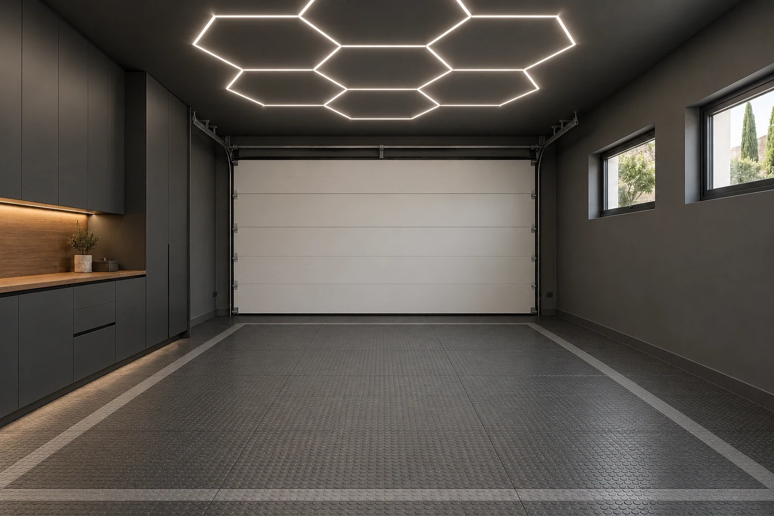 El mismo estudio de garaje con acabados grafito, suelo modular e iluminación hexagonal — Interiores