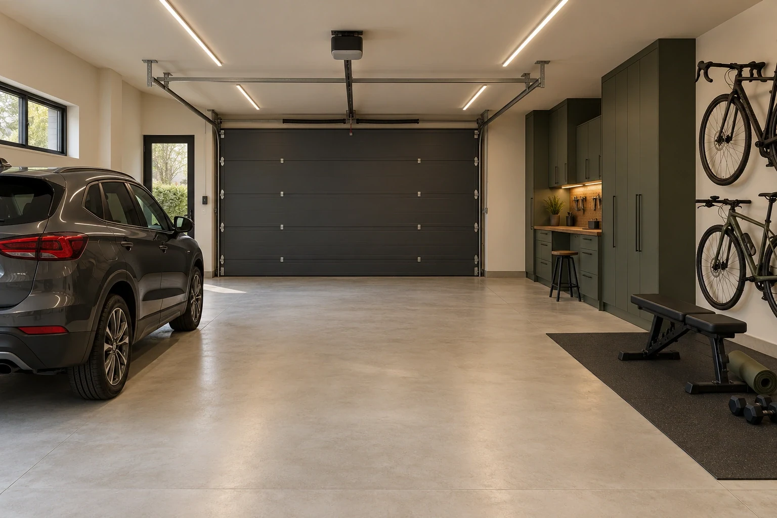 Garaje multifunción con coche, bicicletas en la pared, almacenaje y zona compacta de entrenamiento — Interiores