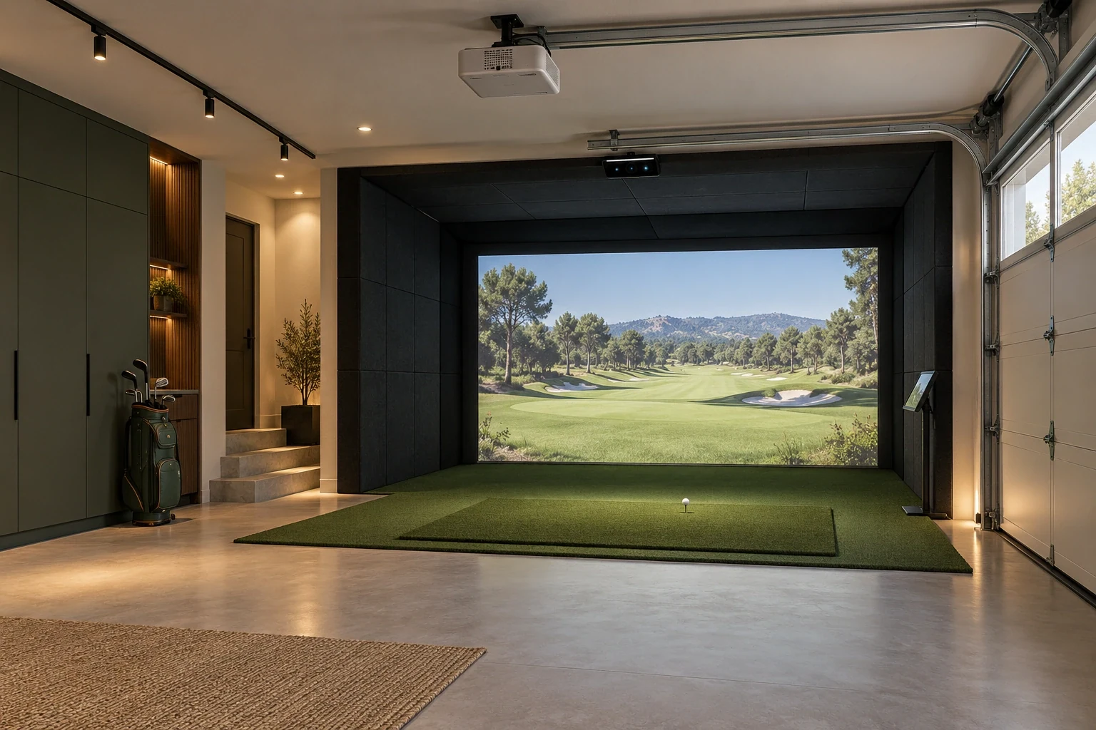 Simulador de golf integrado en un garaje con pantalla, alfombra de golpeo y almacenaje — Interiores