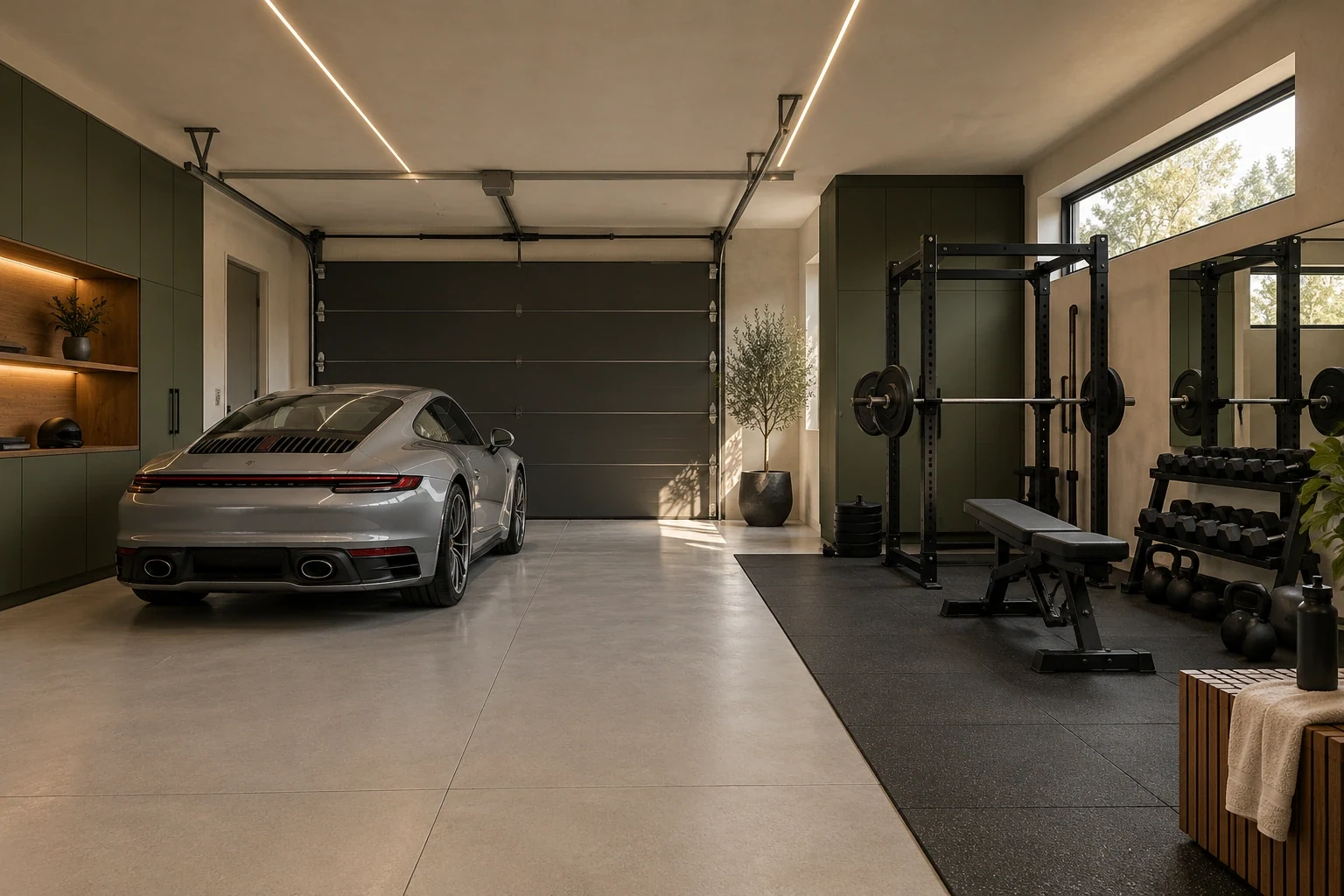 Garaje con coche plateado y gimnasio con suelo de caucho, rack y espejo — Interiores