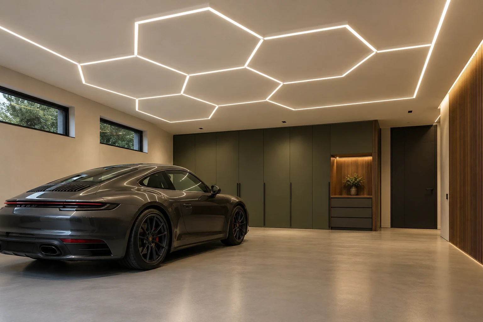 Garaje privado con iluminación LED geométrica, armarios verde oliva y coche grafito — Interiores