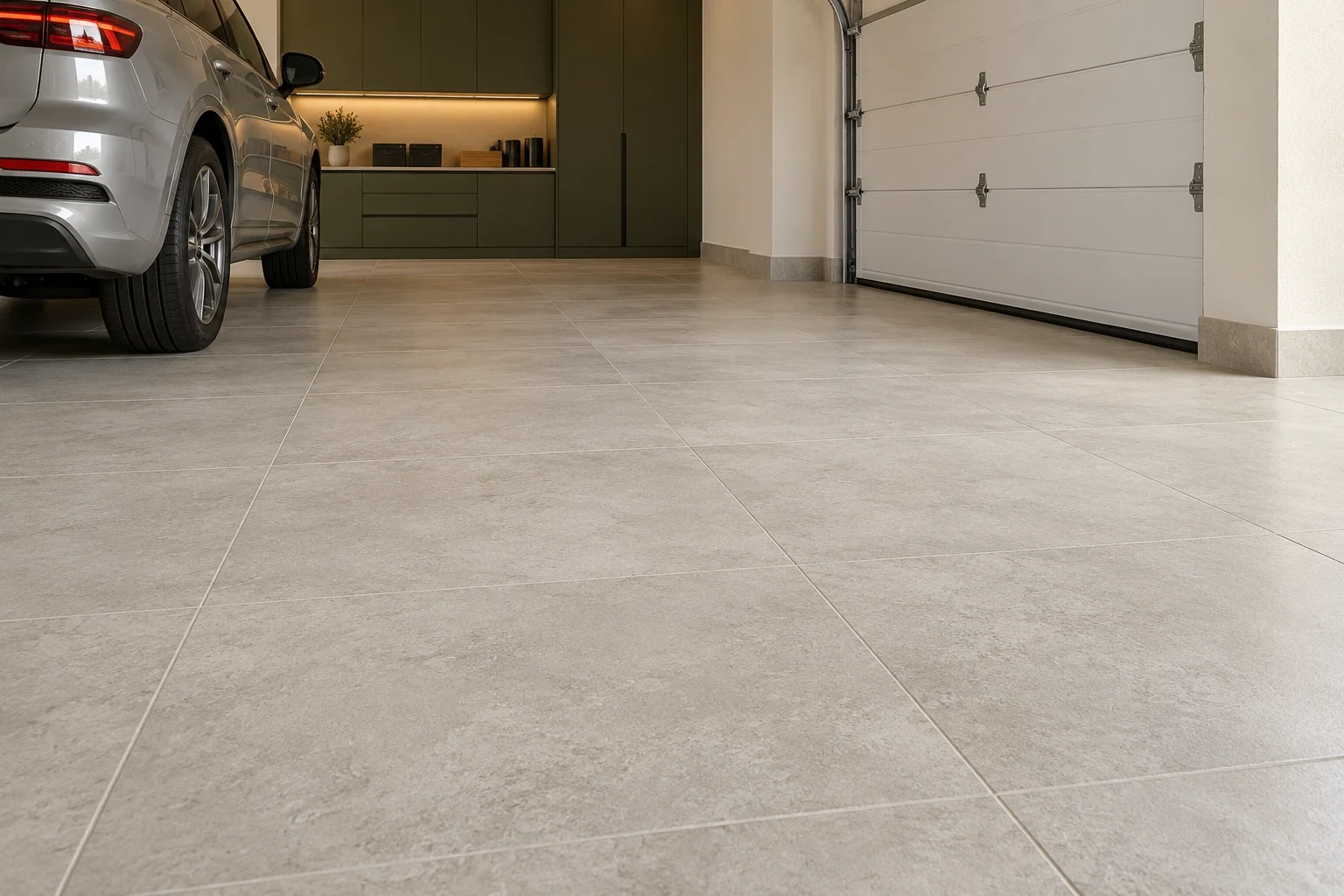 Matte mineral-look porcelain garage floor with visible grout joints and matching skirting — Architecture and materials