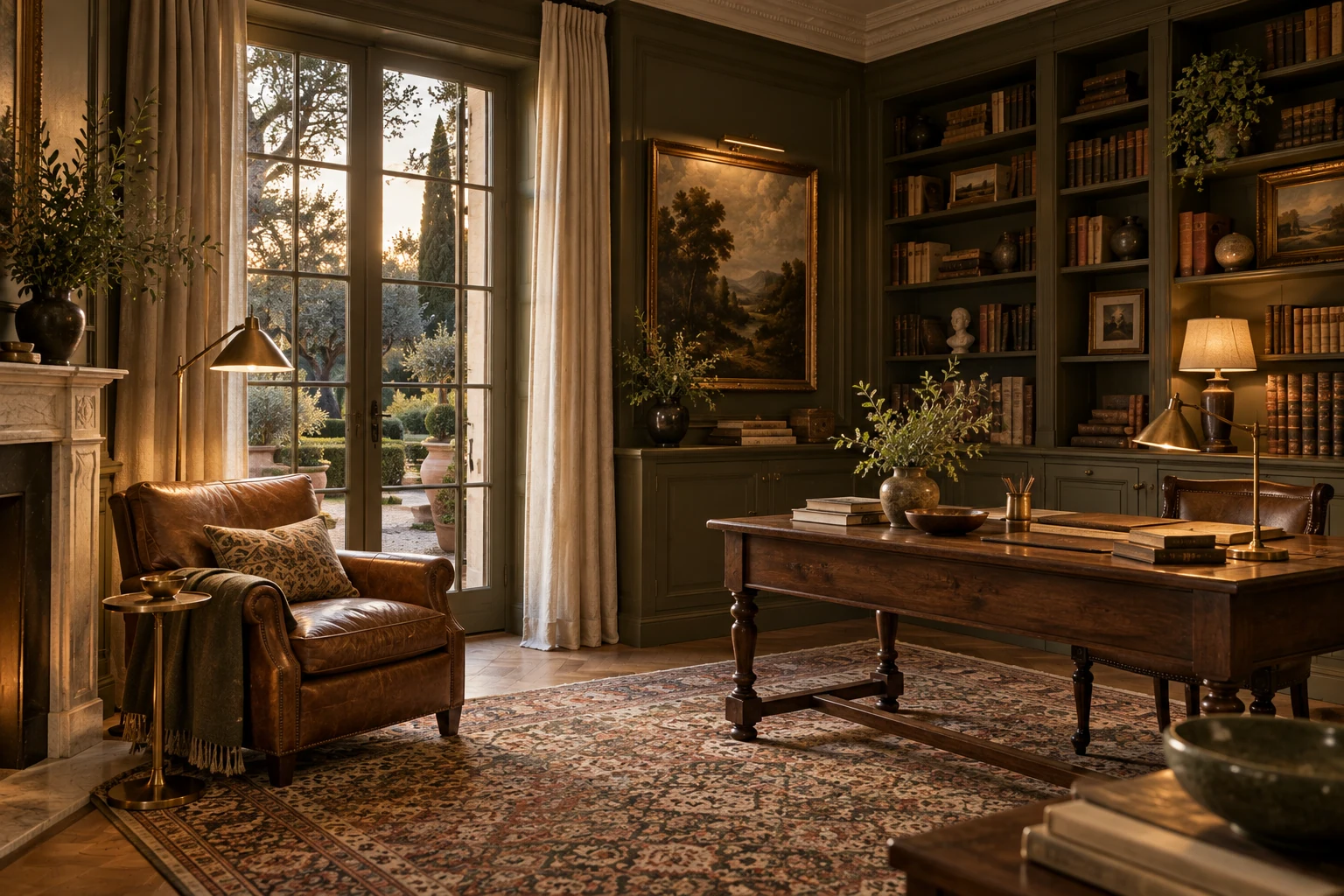 Heritage library with olive bookcases and a walnut desk — Architecture and materials