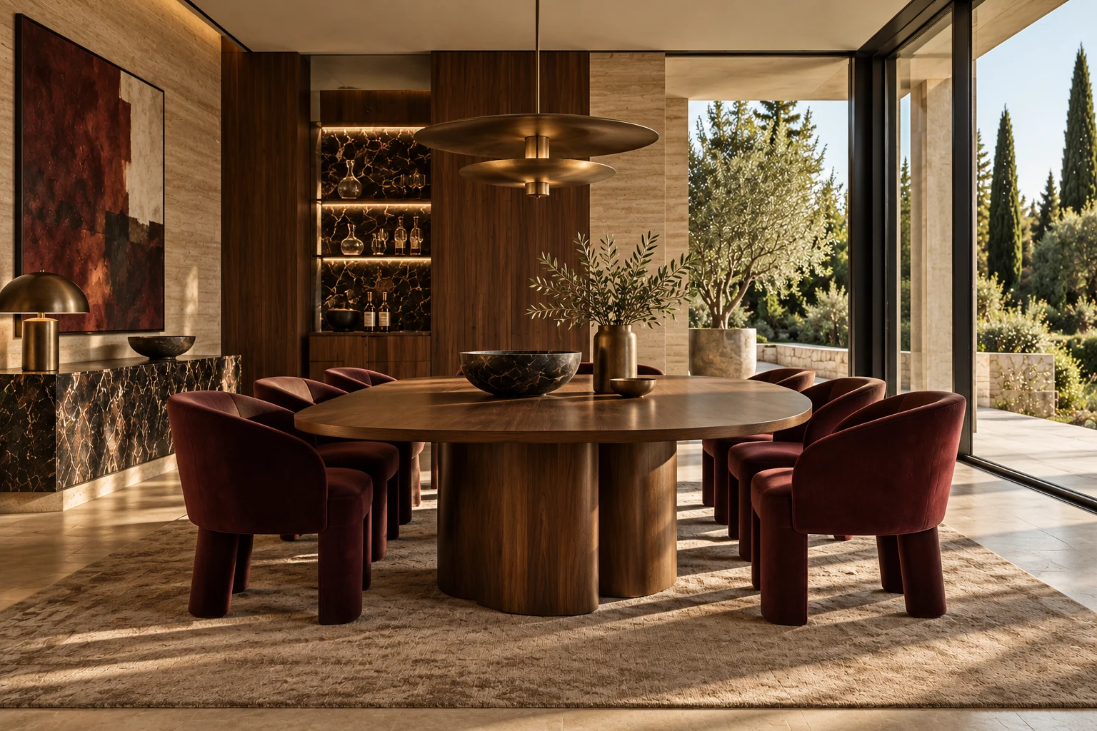 Italian dining room with walnut, dark marble and burgundy chairs — Architecture and materials