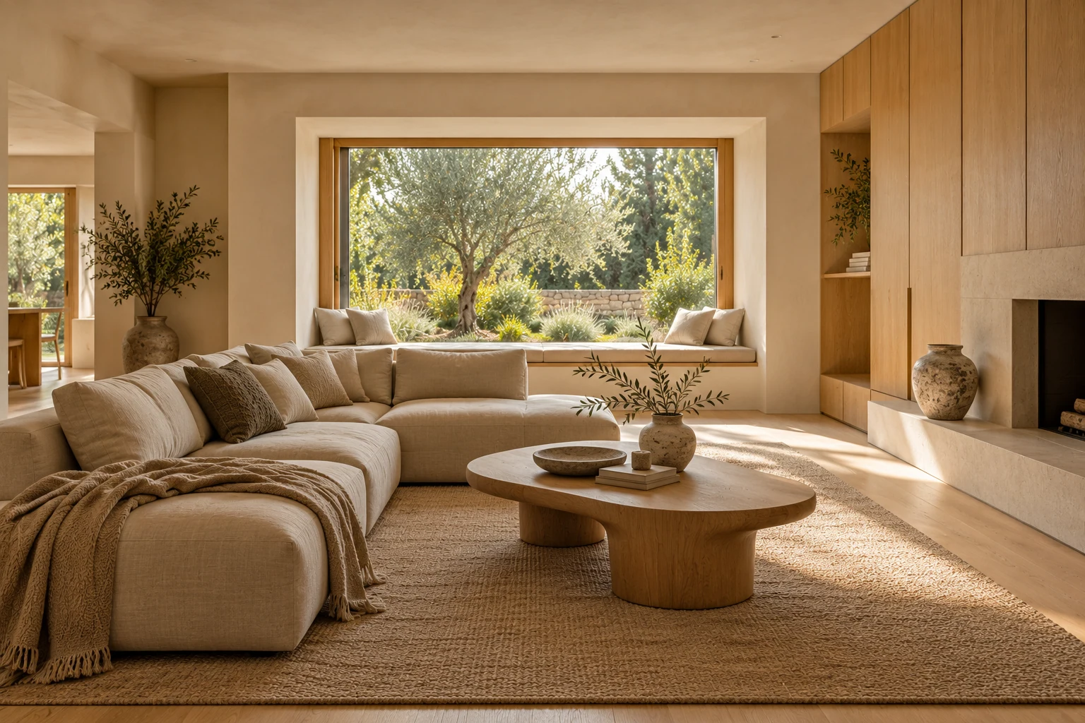 Warm minimalist living room with oak, linen and a garden window — Architecture and materials