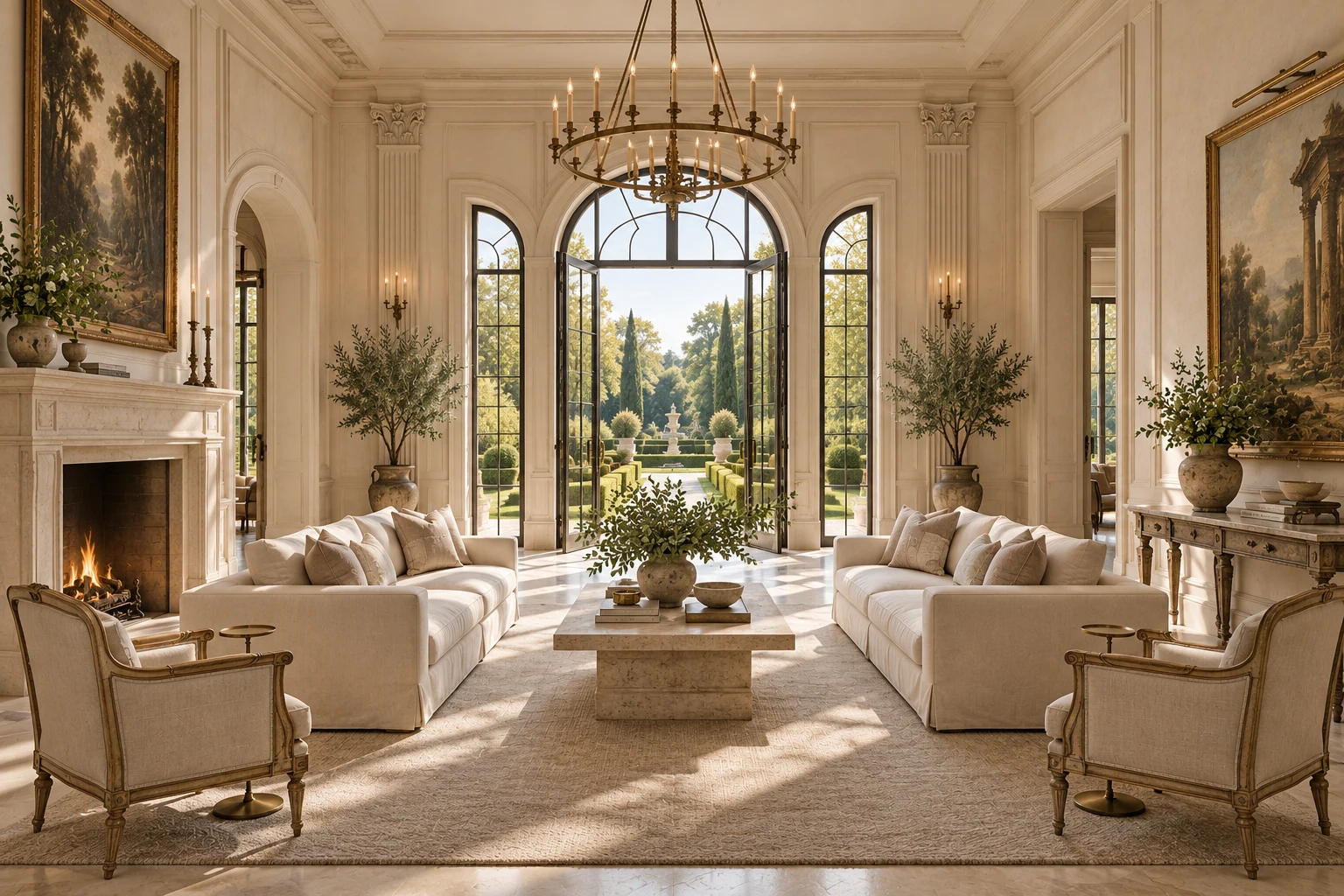 Neoclassical salon with ivory mouldings, symmetrical sofas and a garden view — Architecture and materials