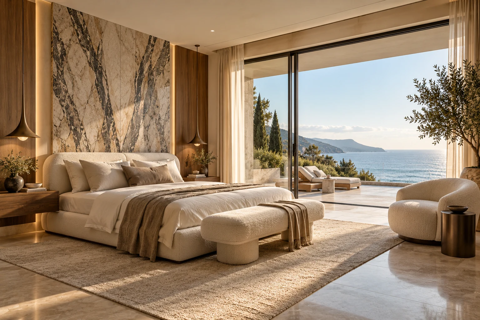Contemporary suite with veined stone and a sea-facing terrace — Architecture and materials