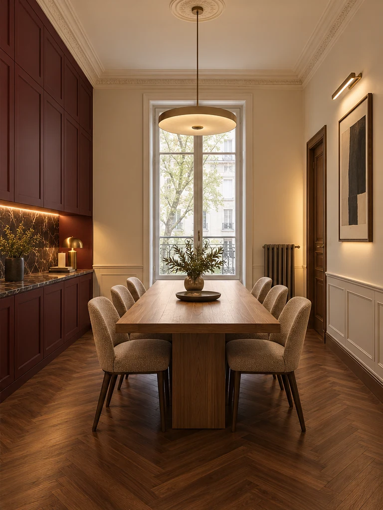 Dining room with burgundy cabinetry and timber flooring — Interiors
