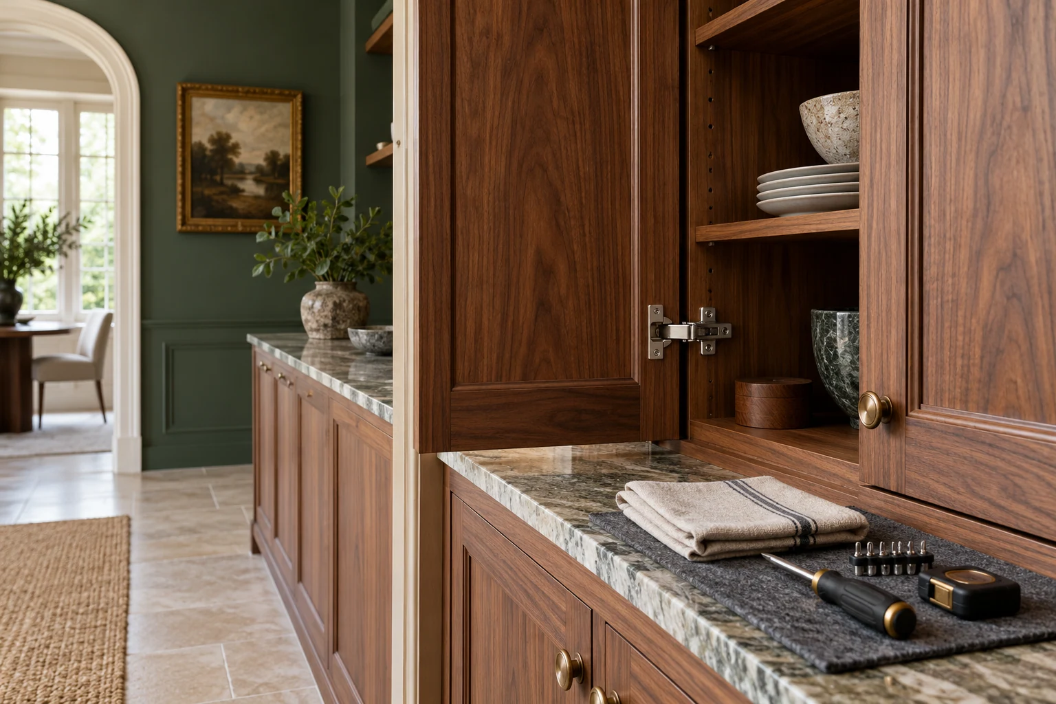 Joinery maintenance detail with hinge and tools on a protective mat — Interiors