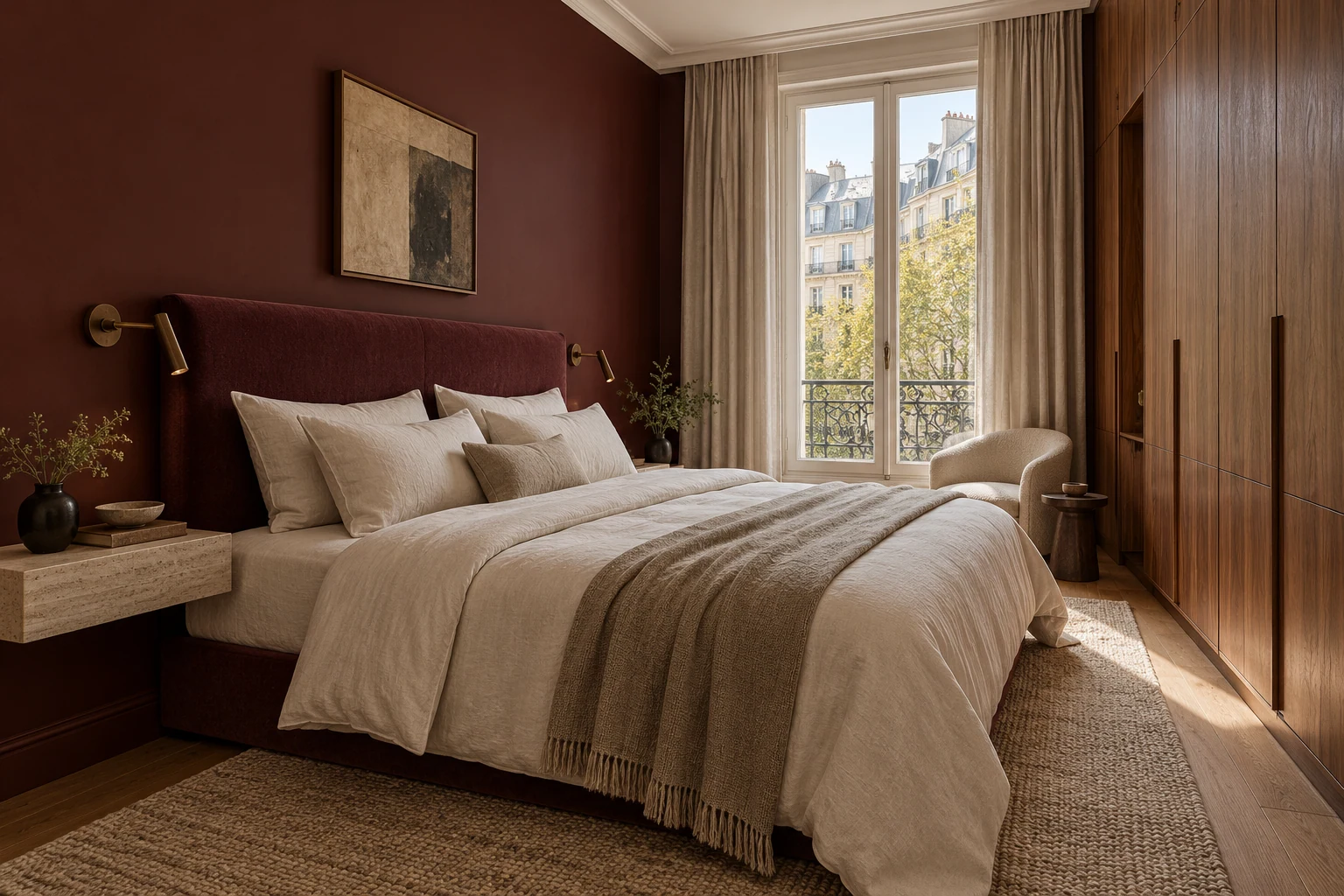 Bedroom with burgundy wall, linen bedding and timber wardrobes — Interiors
