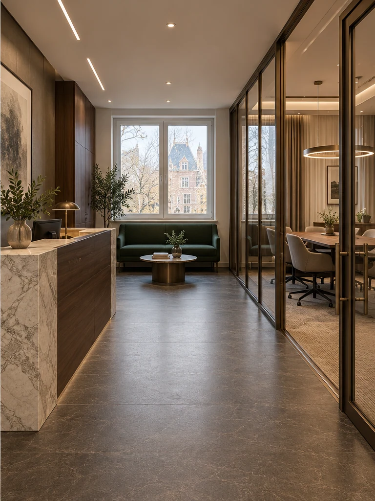 Reception with a stone and timber desk beside a meeting room — Interiors