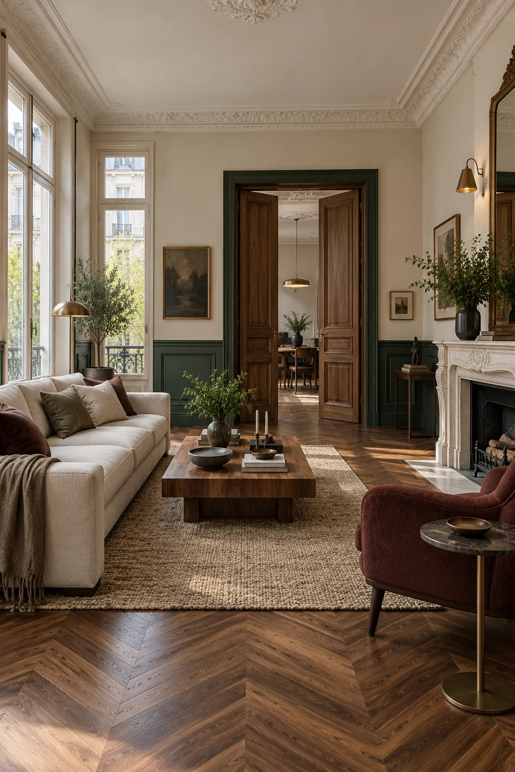 Living room with timber doors, green panels, cornices and a stone fireplace — Interiors