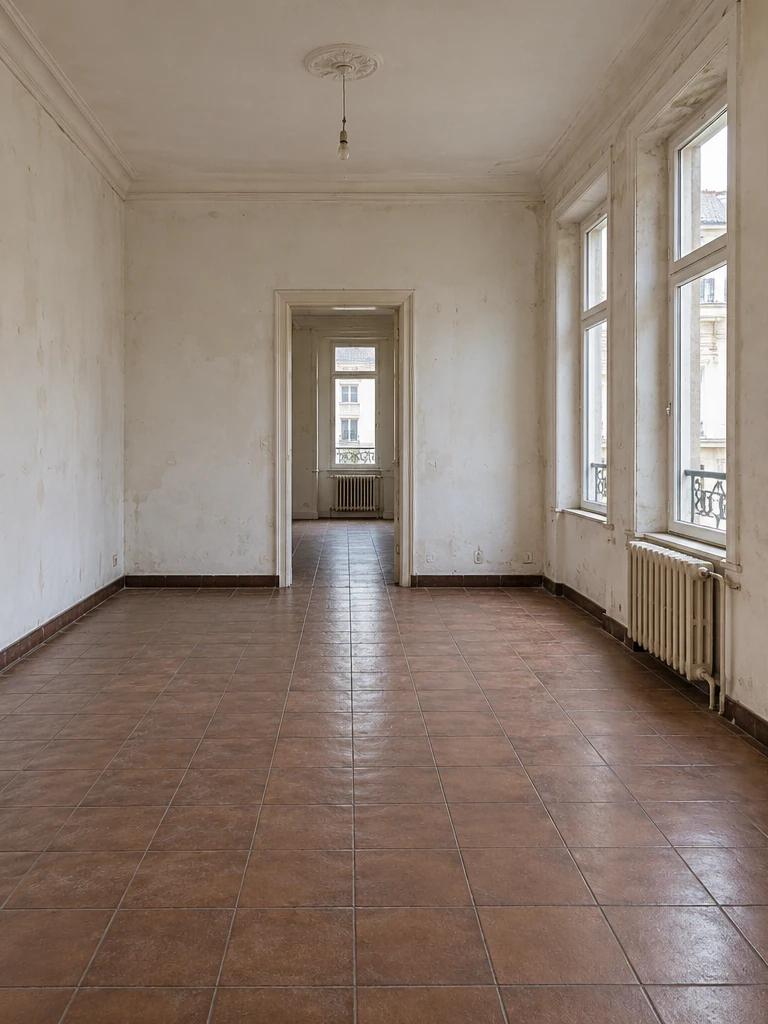 Before: Ceramic flooring, worn walls and no integrated storage.