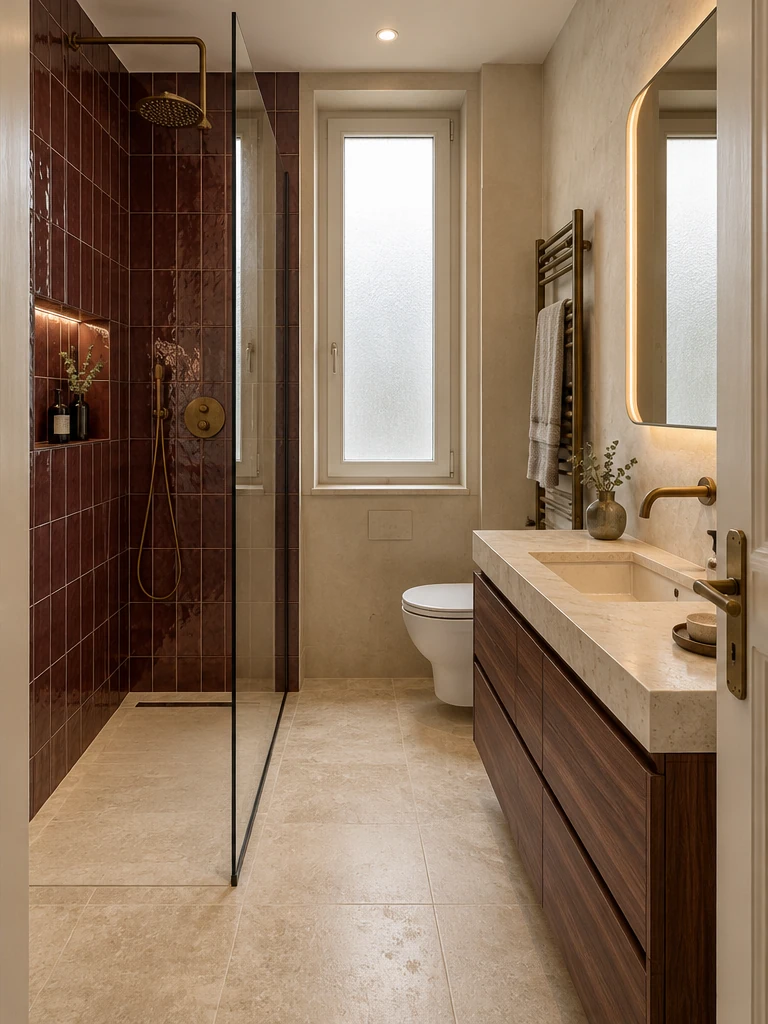 Design direction: A glazed shower, burgundy tiles, mineral surfaces and a timber vanity with an illuminated mirror.