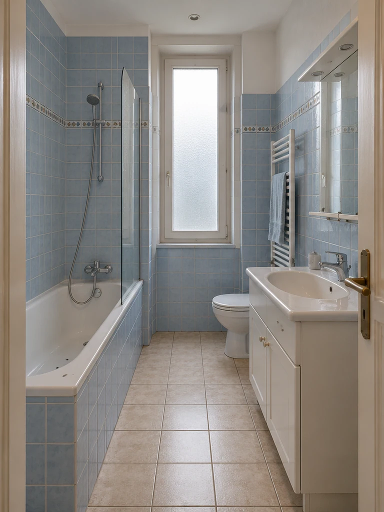 Starting point: A bathtub, blue tiles and white vanity with general lighting.