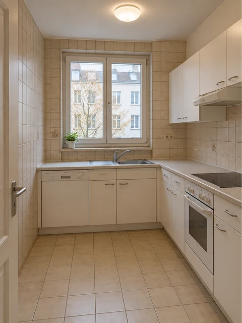 Laminate cabinets, ceramic wall and floor tiles and general lighting.