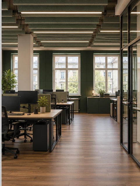 New flooring, wall panels and suspended acoustic elements, linear lights and desks with cable management.