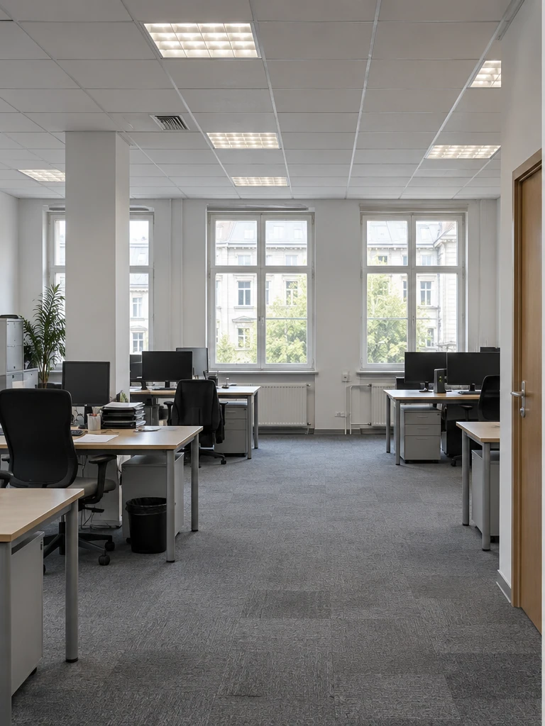 Before: Carpet, fluorescent ceiling lights and workstations without a consistent arrangement.
