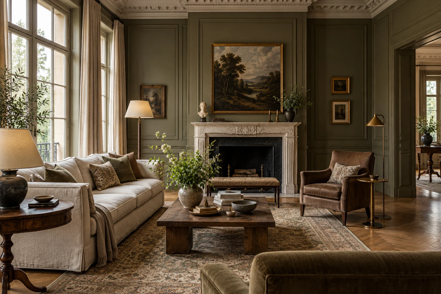 Heritage living room with mouldings, green panelling, stone fireplace and timber furniture — Architecture and materials