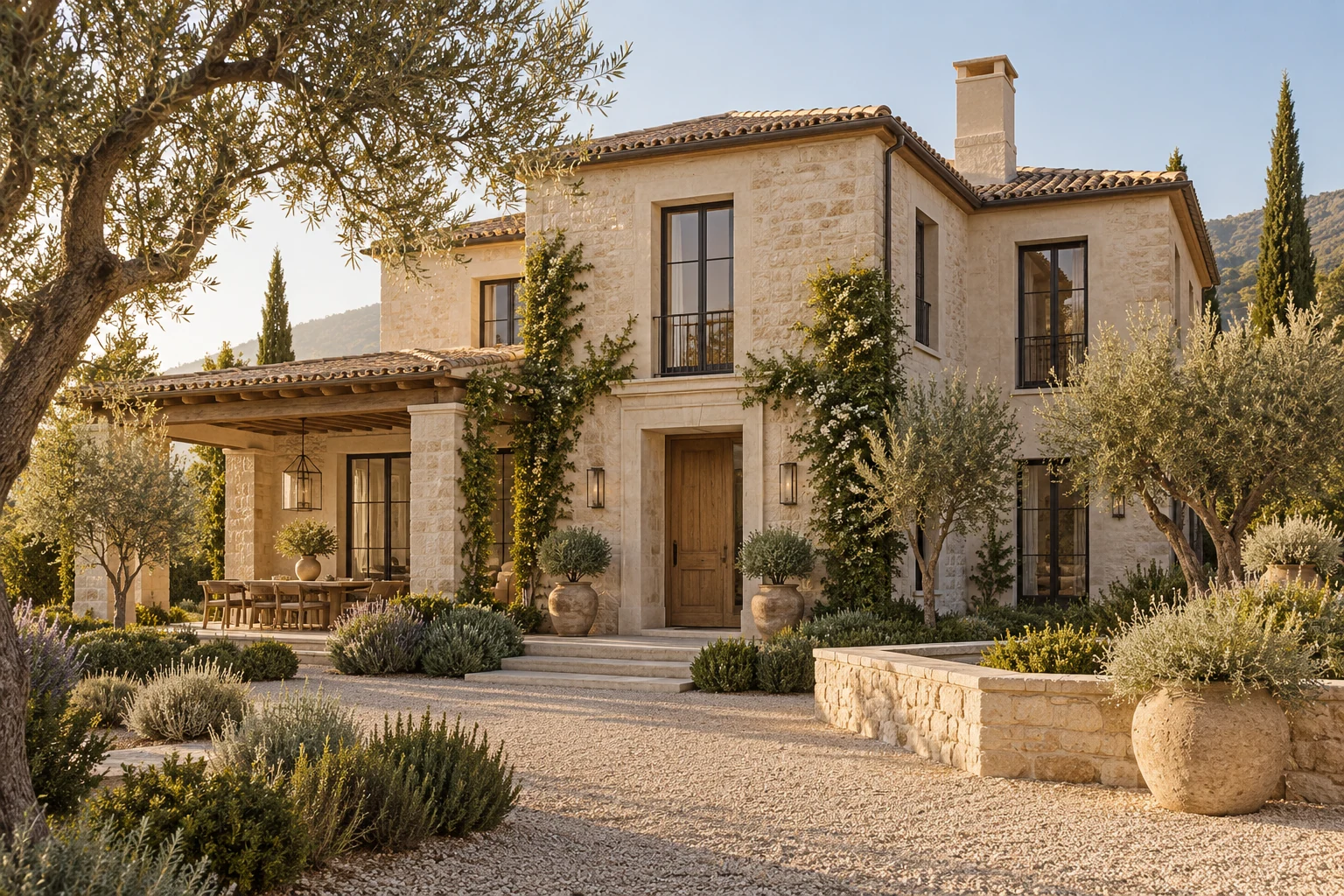Pale-stone villa with timber entrance, covered terrace and Mediterranean garden — Interiors