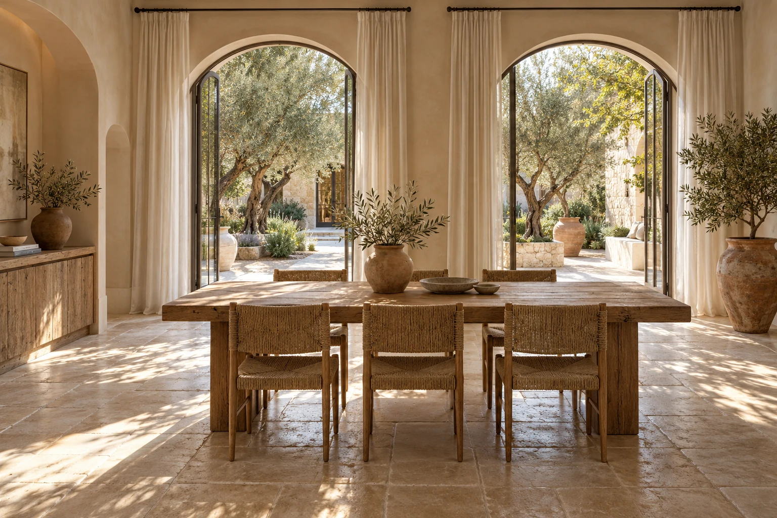 Mediterranean dining room with pale plaster, arched garden openings and timber table — Architecture and materials