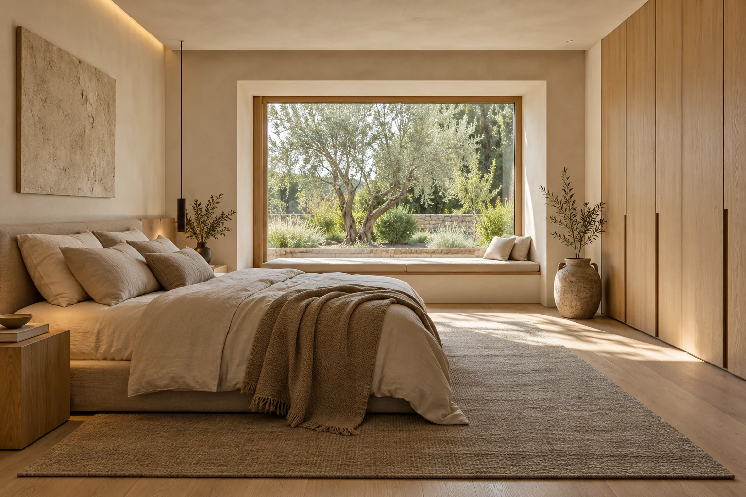 Warm minimalist bedroom with pale oak, linen and a garden window — Architecture and materials